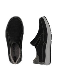 Black slip-on shoes made of suede with gray accents, featuring a cushioned insole and a rubber outsole, designed for comfort and ease of wear.