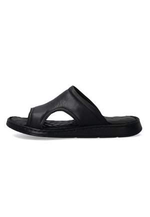 Black leather slide sandals with an open toe design, featuring a soft textured footbed and a durable rubber outsole.