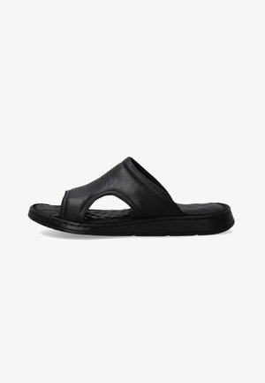 Zwarte leren slipper sandalen met een open teen ontwerp, voorzien van een comfortabele, zachte voetbed en een duurzame rubberen loopzool.