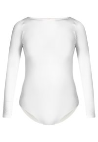White long-sleeve bodysuit featuring a rounded neckline, smooth elastic material, and a form-fitting design, ideal for layering or activewear.
