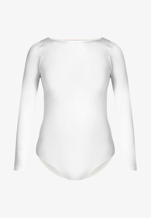 Fehér, hosszú ujjú body, lekerekített nyakkivágással, sima elasztikus anyagból készült, formára illeszkedő dizájnnal, amely ideális rétegezéshez vagy aktív viselethez.