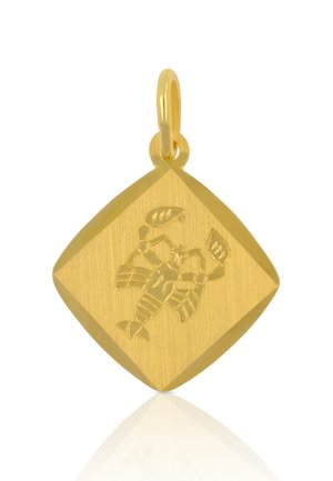 Goldfarbener, diamantförmiger Anhänger mit einer strukturierten Oberfläche und einem gravierten Hummerdesign in der Mitte. Verfügt über eine Öse zur Befestigung.