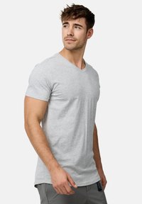 Lichtgrijze V-hals t-shirt van zachte, ademende stof. Korte mouwen en een getailleerd ontwerp. Subtiele logo-detail op de borst.