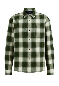 Green and white checkered long-sleeve button-up shirt with collar and a single chest pocket on a plain background.