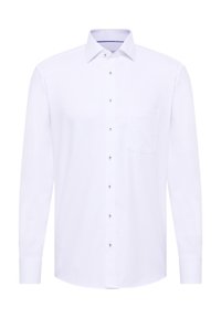 Weißes Langarmhemd aus glattem Stoff, mit klassischem Kragen, Knopfverschluss und einer Brusttasche mit passenden Knöpfen.