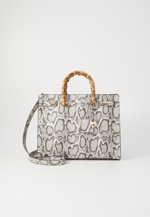 Gray and black snake print handbag with a bamboo handle, adjustable strap, and a detachable charm. Textured leather material.