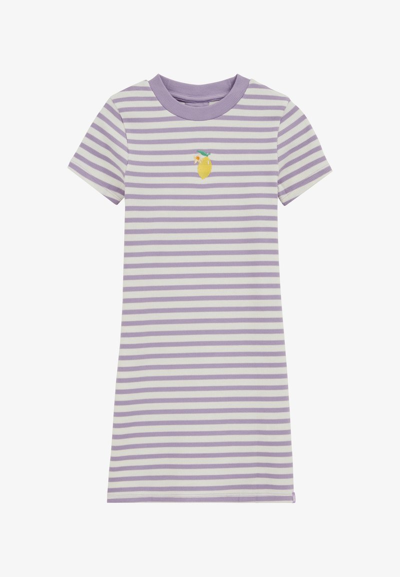 Robe à manches courtes rayée lilas et blanche avec texture côtelée, encolure ronde, et citron jaune brodé avec feuille sur la poitrine.