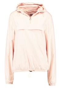 Světle růžová lehká pulovrová bunda s kapucí, polovičním zipem, přední kapsou, elastickými manžetami a stahovacím lemem pro dokonale padnoucí vzhled.