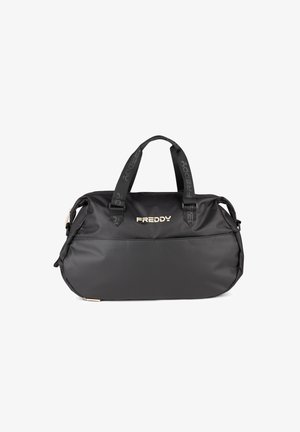 Bolsa de deporte negra de nylon duradero con una textura suave, que cuenta con dos asas y el logotipo "FREDDY" en dorado metálico.