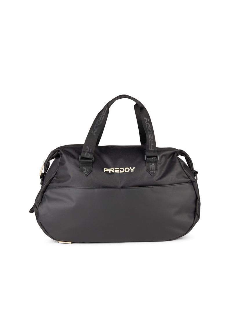 Borsa a duffel nera realizzata in nylon resistente con una texture liscia, dotata di manici doppidi e del logo "FREDDY" in oro metallizzato.