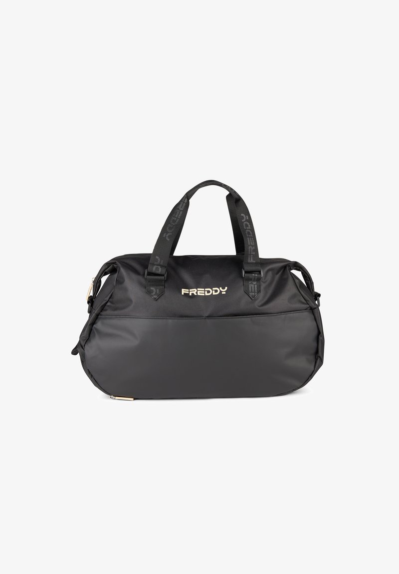 Borsa a duffel nera realizzata in nylon resistente con una texture liscia, dotata di manici doppidi e del logo "FREDDY" in oro metallizzato.