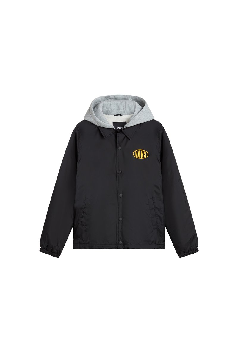Giacca nera con cappuccio grigio, dotata di chiusura frontale a pressione e tasche laterali. Logo giallo "VANS" nella parte superiore sinistra del petto.