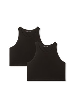 Due top neri a manica corta realizzati in tessuto elastico. Design senza maniche con scollature arrotondate e bordi puliti. Stile semplice e versatile.