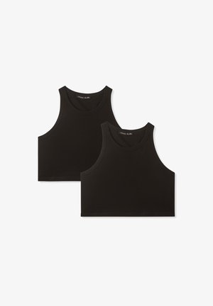 Due top neri a manica corta realizzati in tessuto elastico. Design senza maniche con scollature arrotondate e bordi puliti. Stile semplice e versatile.