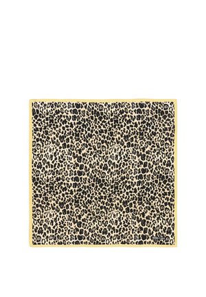 Neliöhuivi, jossa on beige tausta, musta leopardikuosi ja ohut keltainen reunus. Kulmassa teksti "Bimba y Lola".