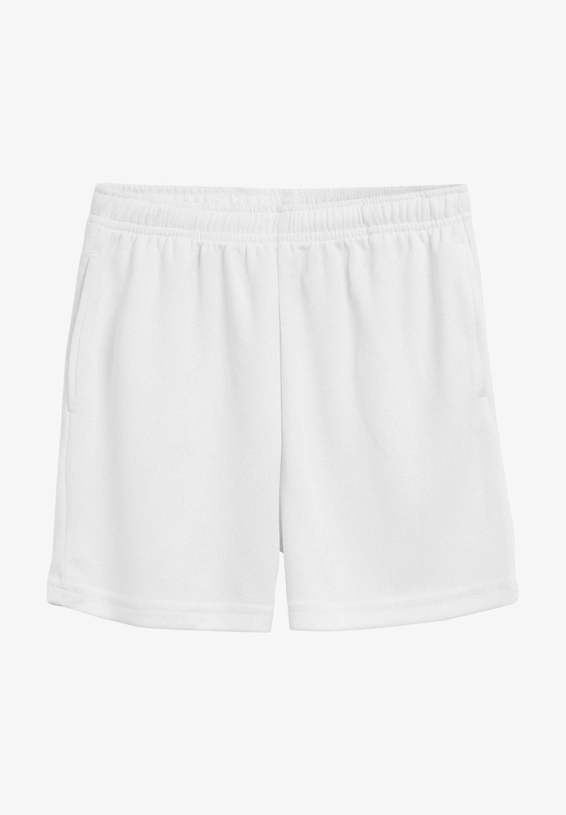 Shorts de sport blancs, avec une taille élastique, deux poches latérales et un tissu texturé pour la respirabilité et le confort.