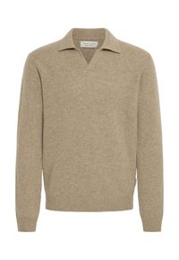 Pull en maille beige à manches longues avec col en V et col décontracté, poignets et ourlet côtelés, étiquette Casual Avotim.