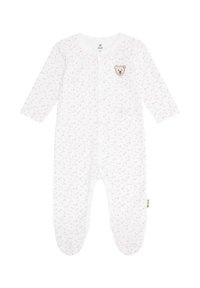 Weißer Babystrampler mit langen Ärmeln, ausgestattet mit einem pinken Blumenmuster und einem Bären-Patch auf der Brust. Enthält Druckknöpfe und bequeme Füßchen.