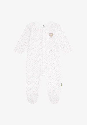 Weißer Babystrampler mit langen Ärmeln, ausgestattet mit einem pinken Blumenmuster und einem Bären-Patch auf der Brust. Enthält Druckknöpfe und bequeme Füßchen.