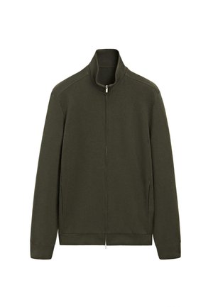 Mørkegrøn fuld lynlåsjakke med ståkrave, lange ærmer, sidelommer og ribkant ved ærmegab og kant på hvid baggrund.