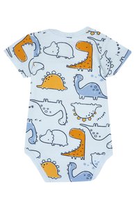Bavlněný body s krátkým rukávem v světle modré barvě, zdobený barevnými vzory dinosaurů v oranžové, modré a bílé. Zapínání na patentky na spodní části.