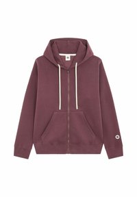 Sweat à capuche zippé bordeaux en coton doux, avec capuche à cordon, poches avant, et fermeture éclair et cordons de couleur crème contrastants.