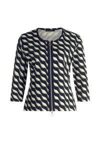 Granatowa i kremowa kurtka w falisty wzór z okrągłym dekoltem, rękawami trzyczwartowymi, zamkiem błyskawicznym z przodu oraz okrągłym detail'em przy zamku.