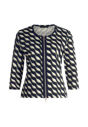 Navy and cream wave-patterned jacket with a round neck, three-quarter sleeves, full front zipper, and a circular zipper pull detail.