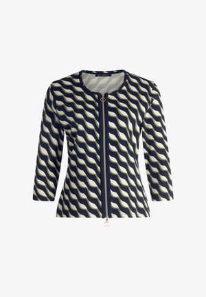 Marineblauwe en crème golfpatroonjas met een ronde hals, driekwartmouwen, volledige voorrits en een cirkelvormige ritssluitingsteille.