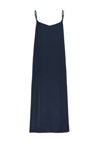 Marineblaues ärmelloses Kleid mit verstellbaren Trägern, fließendem Design, glatter Textur und geradem Schnitt, das über einen dezenten Glanz verfügt.