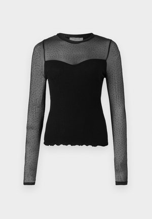 Top preto de mangas compridas com parte superior em malha transparente com bolinhas, seção inferior canelada e bainha em forma de ondulação. Textura suave com um design ajustado.