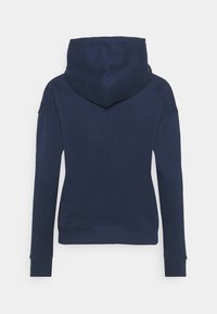 Hoodie bleu marine à manches longues avec poignets et ourlet côtelés, vu de dos sur fond blanc.