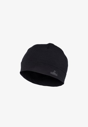 Zwarte beanie van zacht stof, met een aansluitend ontwerp, gladde textuur en een subtiel logo. Geschikt voor casual of buitengebruik.
