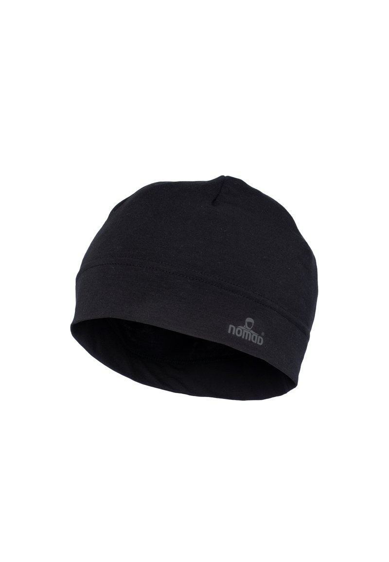 Zwarte beanie van zacht stof, met een aansluitend ontwerp, gladde textuur en een subtiel logo. Geschikt voor casual of buitengebruik.