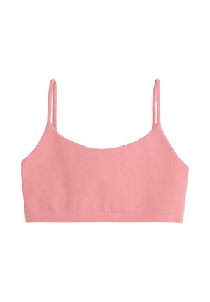 Haut court en camisole rose doux avec fines bretelles spaghetti, design sans coutures et encolure droite sur fond blanc.