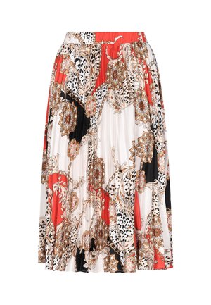 Prinditud volditud seelik, millel on eredad lille- ja loodusmuster, värvideks valge, punane, must ja pruun. Elastsest materjalist vöökoht.