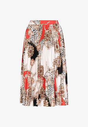 Tlačená plisovaná sukňa s živým kvetinovým a zvieracím motívom, v farbách bielej, červenej, čiernej a hnedé. Dizajn s elastickým pásom.
