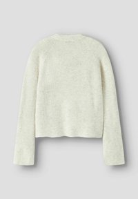 Gestrickter Damenpullover in hellem Creme, mit Rippenstruktur, Raglanärmeln und einem kurzen Schnitt mit rundem Ausschnitt.