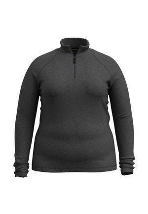 Langsleeve, donkergrijze pullover met een kwart-rits kraag. Beschikt over raglanmouwen en rekbare stof voor bewegingsgemak.