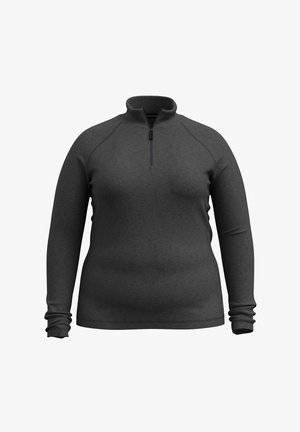 Długi rękaw, ciemnoszary sweter z kieszonką na ćwierć zamka. Posiada rękawy raglanowe i elastyczny materiał dla swobody ruchów.