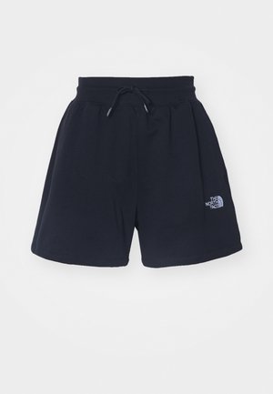 Lühikesed mustad lühikesed püksid pehmest kangast, millel on elastne vöökoht ja nöör, ning küljes on väike logo trükitud.