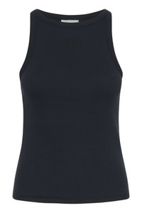 Czarny prążkowany top na ramiączkach z wysokim dekoltem i wąskimi paskami. Subtelne logo na piersi. Gładka tekstura i dopasowany fason.