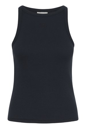 Black ribbed tank top with a high neckline and narrow straps. Subtle logo detailing on the chest. Smooth texture with a fitted shape.