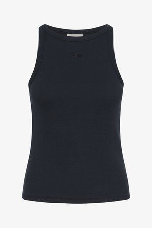 Zwarte geribde tanktop met een hoge halslijn en smalle bandjes. Subtiele logodetails op de borst. Gladde textuur met een aansluitende pasvorm.