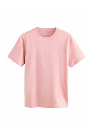 Lyserød bomulds T-shirt med korte ærmer, rund halsudskæring og en blød tekstur. Har et logo trykt på det indre halsområde.