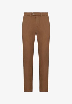 Pantalon marron droit avec fermeture à boutons, passants de ceinture et poches avant, présenté sur un fond blanc.