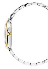 Orologio da polso argento e oro con cinturino in metallo lucido, cassa rettangolare e una corona dorata prominente. Superficie liscia e design elegante.