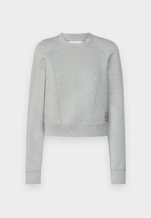 Szary skrócony sweter z długimi rękawami, wykonany z miękkiego materiału. Posiada okrągły dekolt, rękawy raglanowe oraz małą naszywkę z logo z boku.