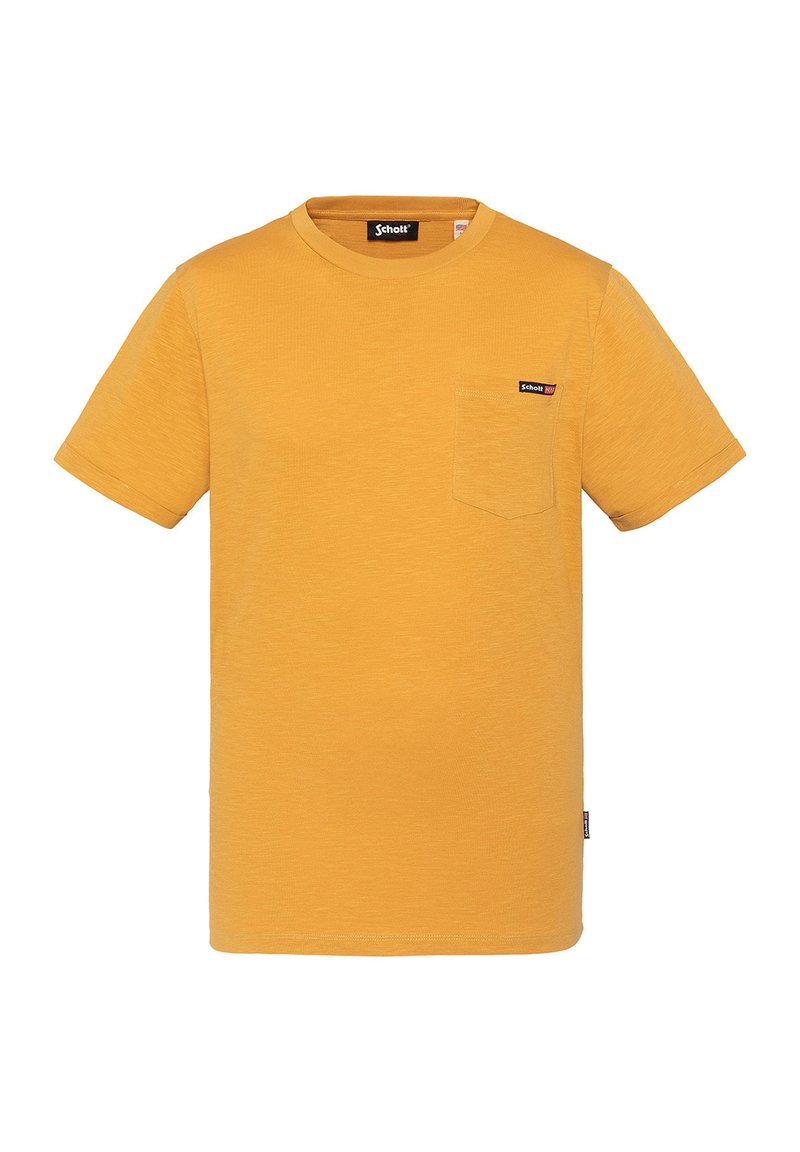 Gelbes Kurzarm-T-Shirt aus strukturiertem Stoff, mit einer Brusttasche und einem Logotag am Ausschnitt.