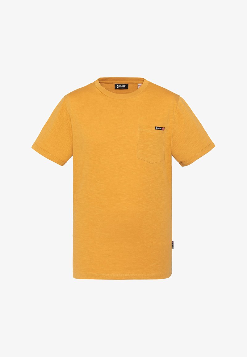 Geel T-shirt met korte mouwen, gemaakt van gestructureerde stof, met een borstzak en een logo-label op de hals.